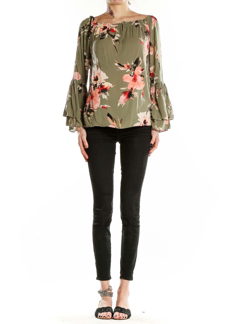 WHBM Olive Green Floral Off-Shoulder Blouse Tiered Flared Sleeves Sz S (T4) - Picture 2 of 10